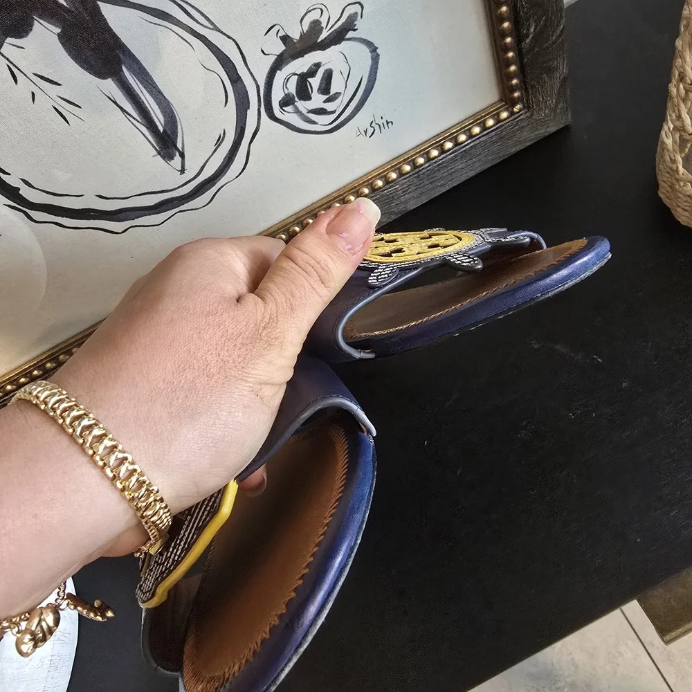 Tory Burch Navy Leather Maritime Slide Sandals 10